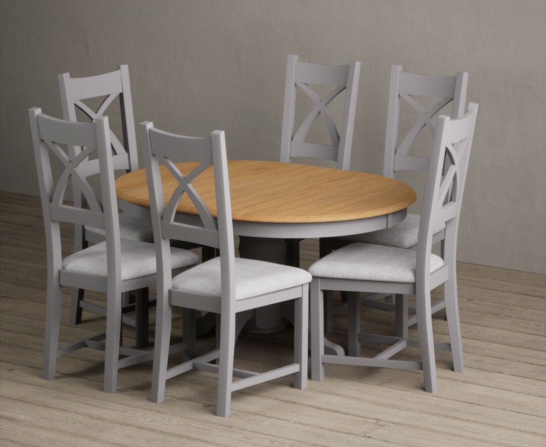 Extending Hertford 100cm - 130cm Oak And Light Grey Painted Pedestal Dining Table With 6 Linen Painted Chairs