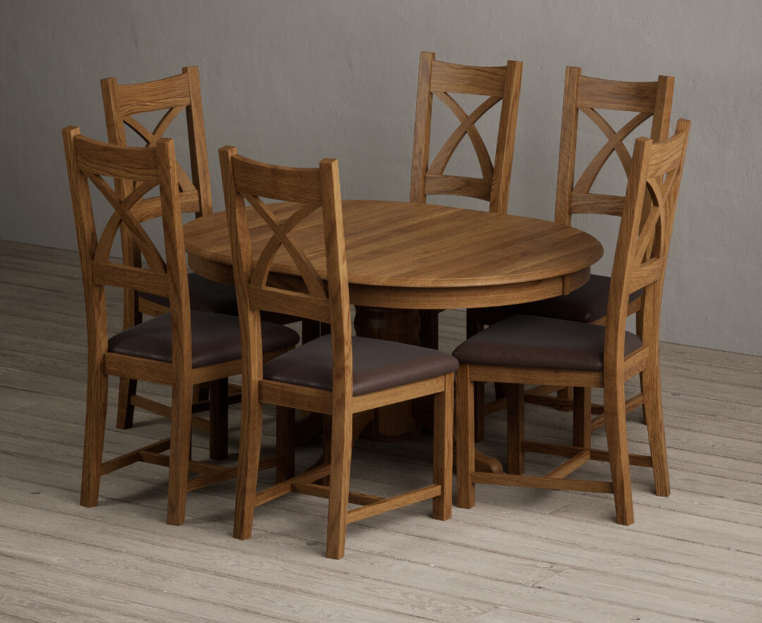 Extending Hertford 100cm - 130cm Rustic Oak Pedestal Dining Table with 6 Brown Rustic Solid Oak Chairs