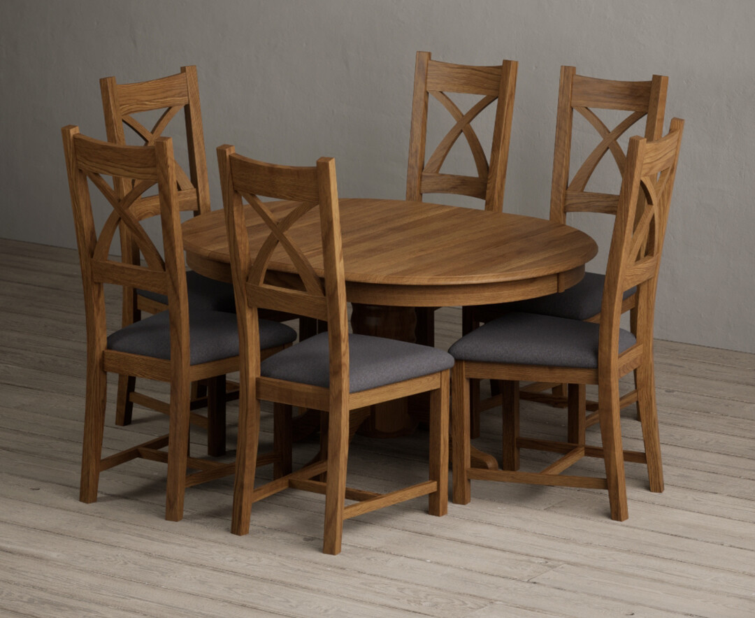 Extending Hertford 100cm - 130cm Rustic Oak Pedestal Dining Table with 6 Charcoal Grey Rustic Solid Oak Chairs