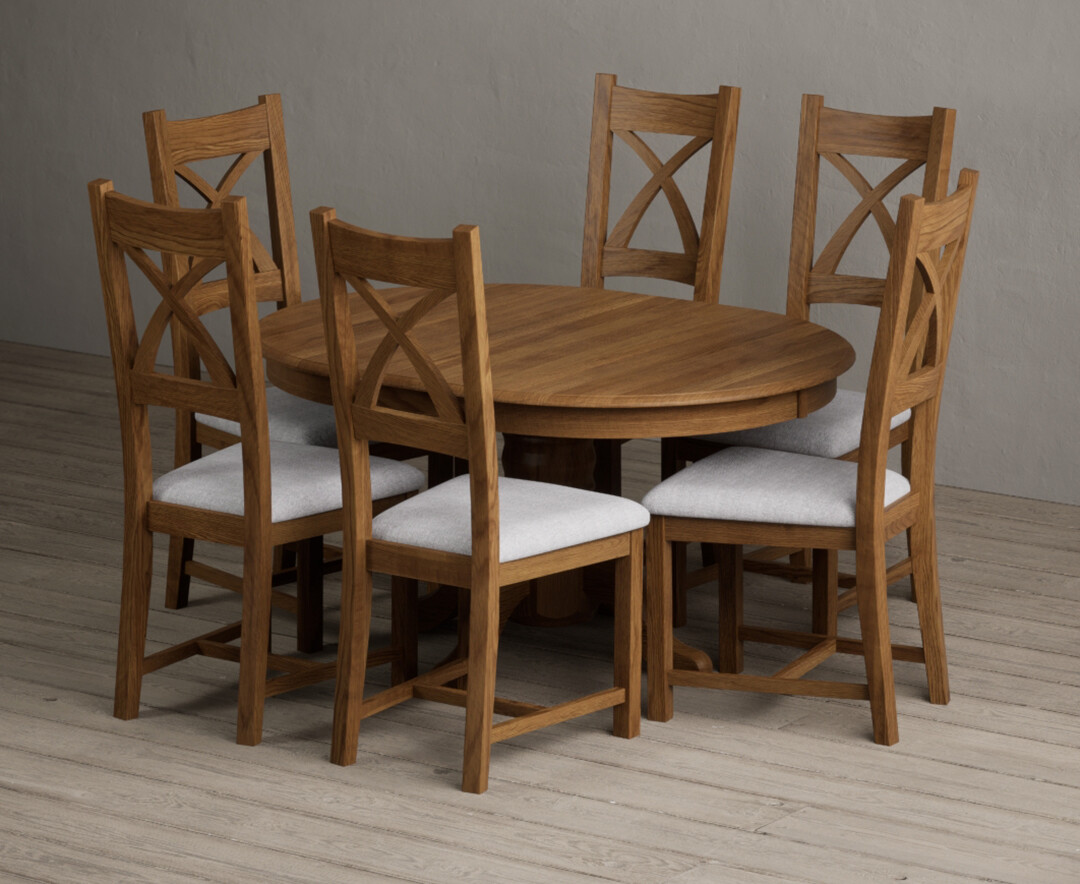 Extending Hertford 100cm - 130cm Rustic Oak Pedestal Dining Table with 6 Light Grey Rustic Solid Oak Chairs