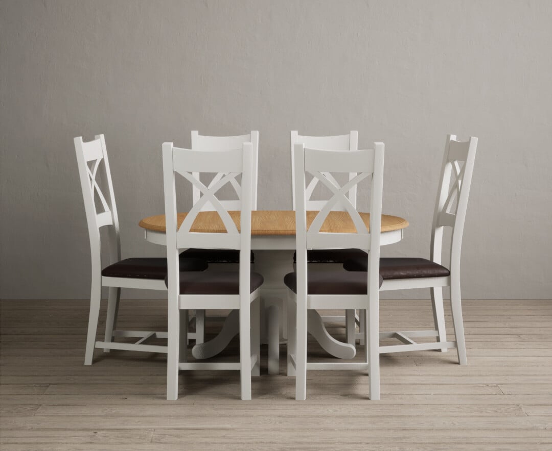 Extending Hertford 100cm - 130cm Oak and Signal White Painted Pedestal Dining Table with 6 Light Grey Painted Chairs