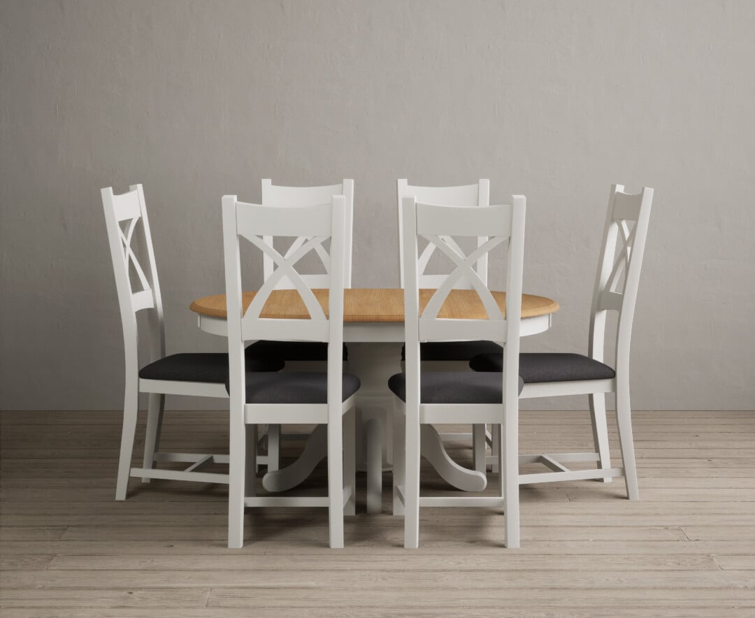 Extending Hertford 100cm - 130cm Oak and Signal White Painted Pedestal Dining Table with 6 Light Grey Painted Chairs