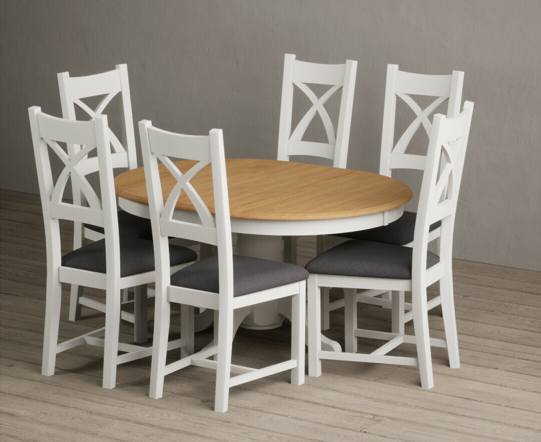 Extending Hertford 100cm - 130cm Oak and Signal White Painted Pedestal Dining Table with 6 Charcoal Grey Painted Chairs