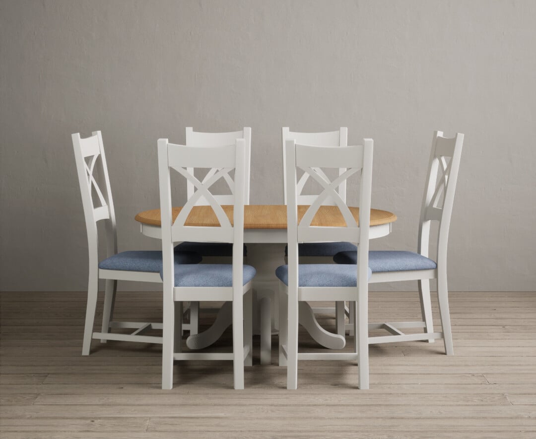 Extending Hertford 100cm - 130cm Oak and Signal White Painted Pedestal Dining Table with 6 Light Grey Painted Chairs