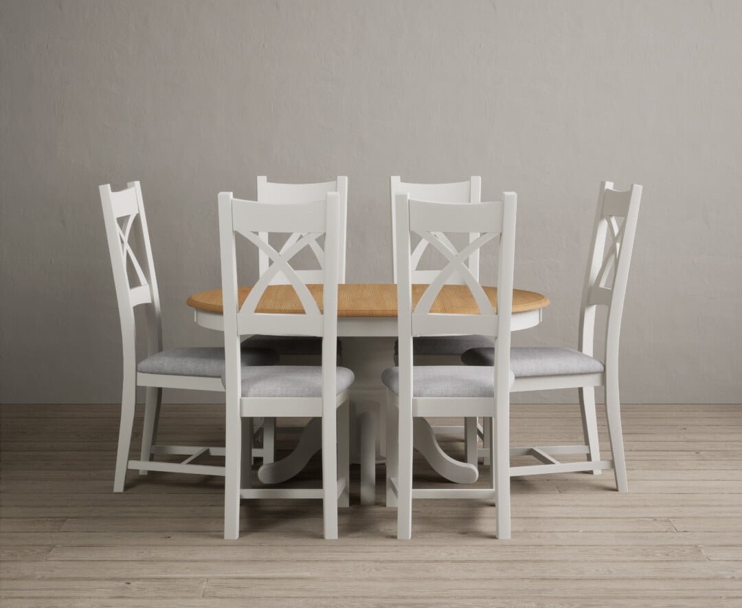 Extending Hertford 100cm - 130cm Oak and Signal White Painted Pedestal Dining Table with 6 Light Grey Painted Chairs