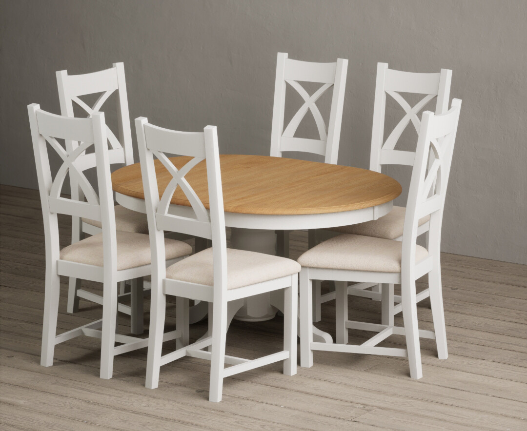 Extending Hertford 100cm - 130cm Oak And Signal White Painted Pedestal Dining Table With 4 Blue Painted Chairs