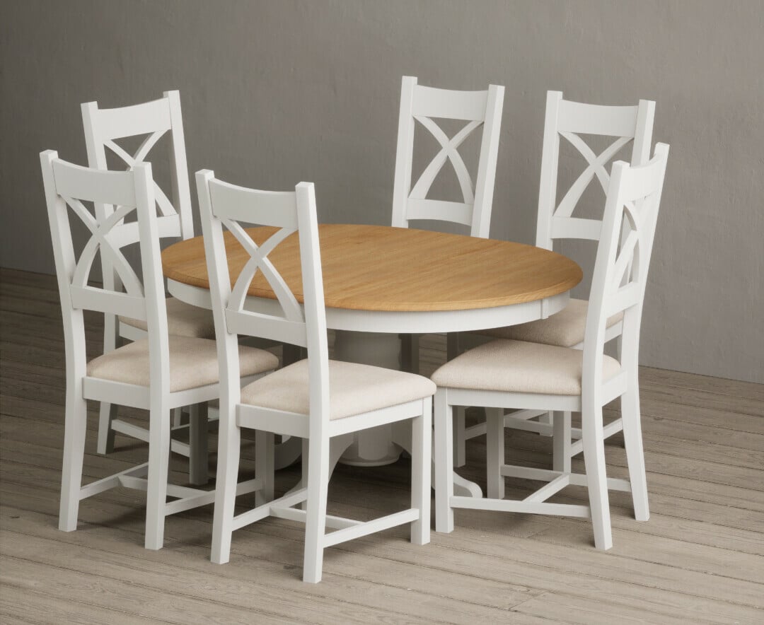 Extending Hertford 100cm - 130cm Oak and Signal White Painted Pedestal Dining Table with 6 Light Grey Painted Chairs