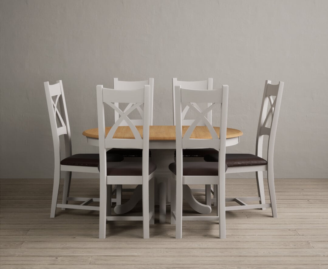 Extending Hertford 100cm - 130cm Oak and Soft White Painted Pedestal Dining Table with 4 Linen Painted Chairs