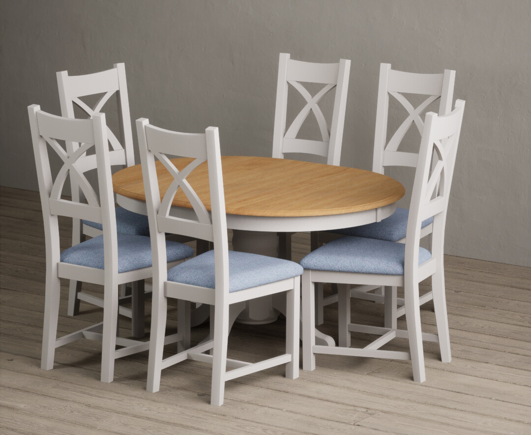 Extending Hertford 100cm - 130cm Oak And Soft White Painted Pedestal Dining Table With 6 Linen Painted Chairs