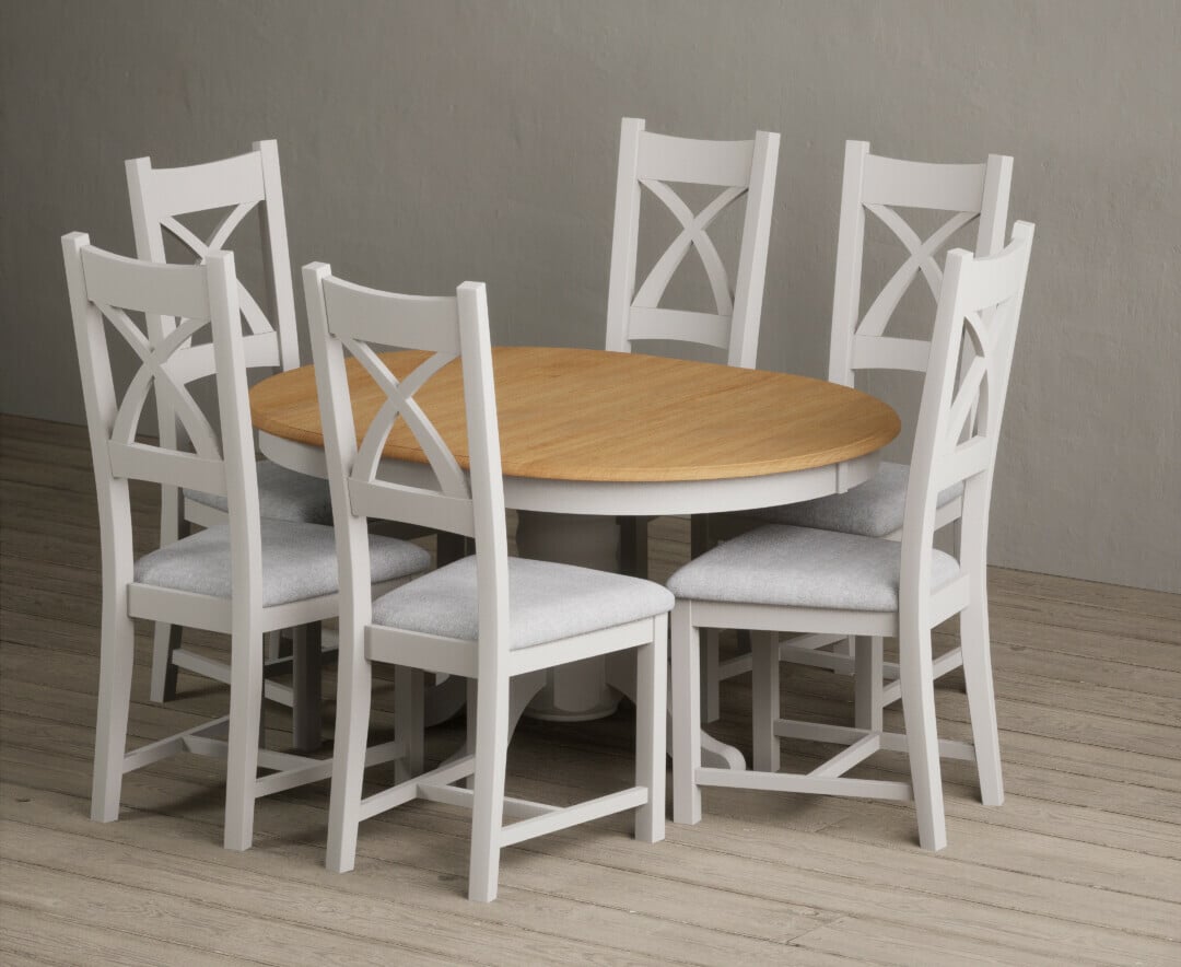 Extending Hertford 100cm - 130cm Oak and Soft White Painted Pedestal Dining Table with 4 Linen Painted Chairs