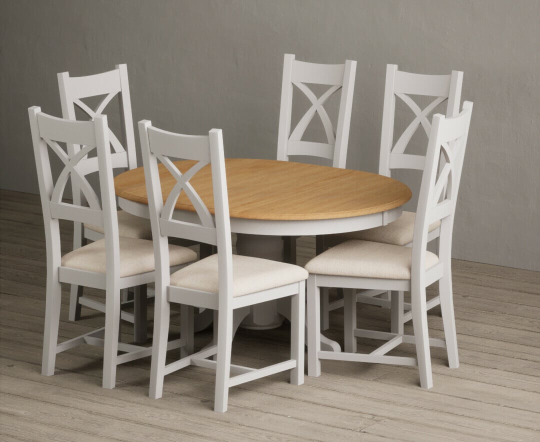 Extending Hertford 100cm - 130cm Oak and Soft White Painted Pedestal Dining Table with 4 Linen Painted Chairs