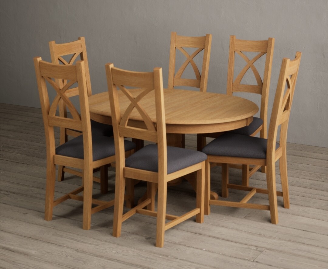 Extending Hertford 100cm - 130cm Solid Oak Pedestal Dining Table With 4 Charcoal Grey Natural Solid Oak Chairs