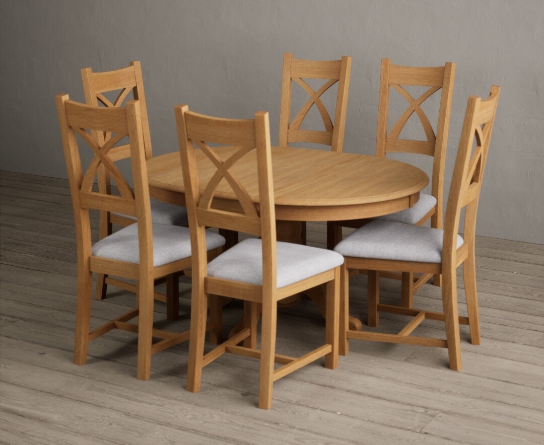 Extending Hertford 100cm – 130cm Solid Oak Pedestal Dining Table with 6 Brown Natural Solid Oak Chairs