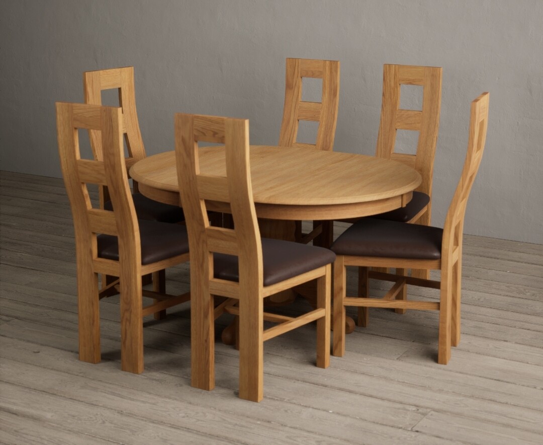 Extending Hertford 100cm – 130cm Solid Oak Pedestal Dining Table with 6 Linen Natural Chairs