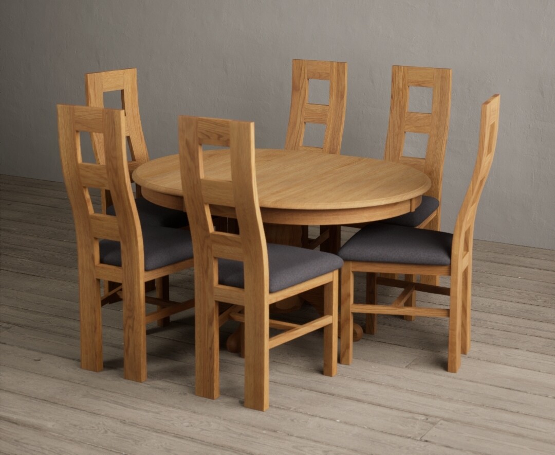 Extending Hertford 100cm - 130cm Solid Oak Pedestal Dining Table With 6 Blue Natural Chairs