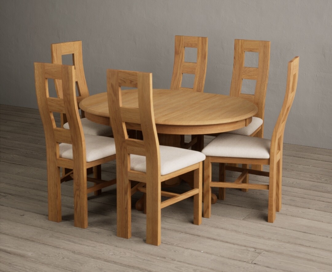 Extending Hertford 100cm – 130cm Solid Oak Pedestal Dining Table with 4 Light Grey Natural Chairs