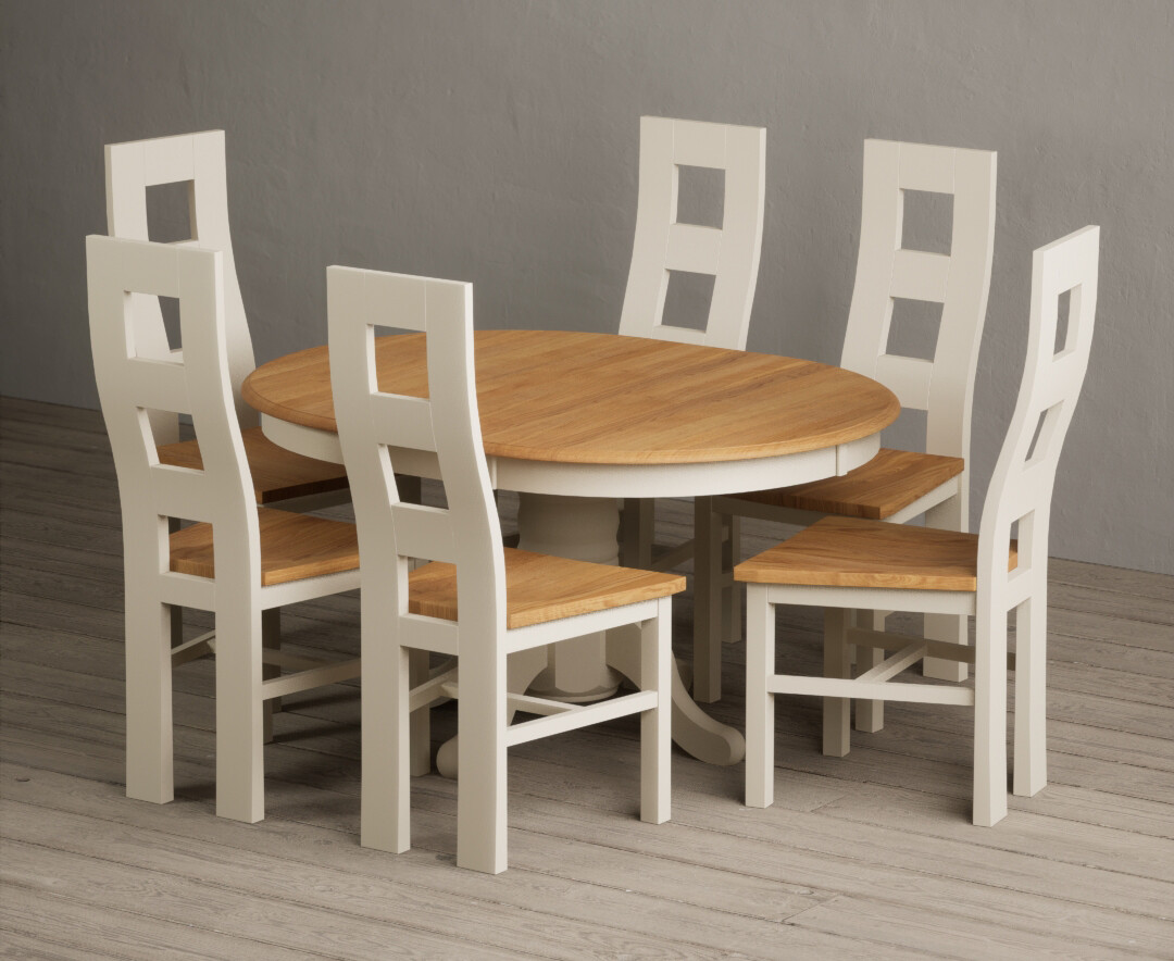 Extending Hertford 100cm – 130cm Oak and Cream Painted Pedestal Dining Table with 4 Light Grey Painted Chairs