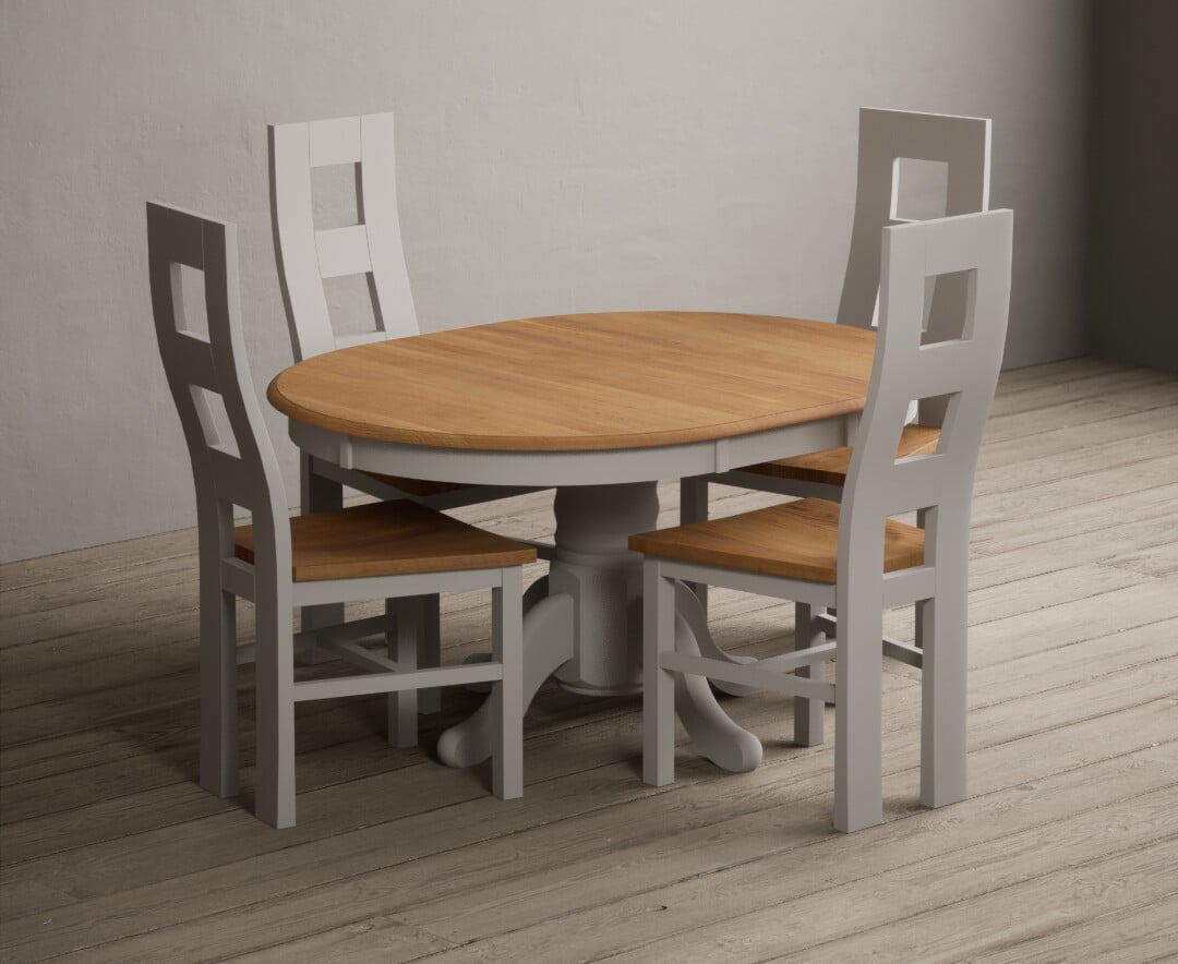 Extending Hertford 100cm - 130cm Oak and Soft White Painted Pedestal Dining Table with 4 Linen Painted Chairs