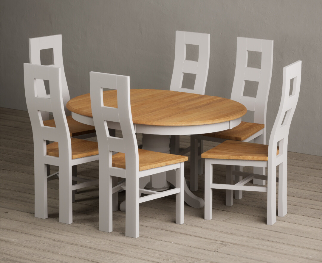 Extending Hertford 100cm - 130cm Oak and Soft White Painted Pedestal Dining Table with 4 Linen Painted Chairs