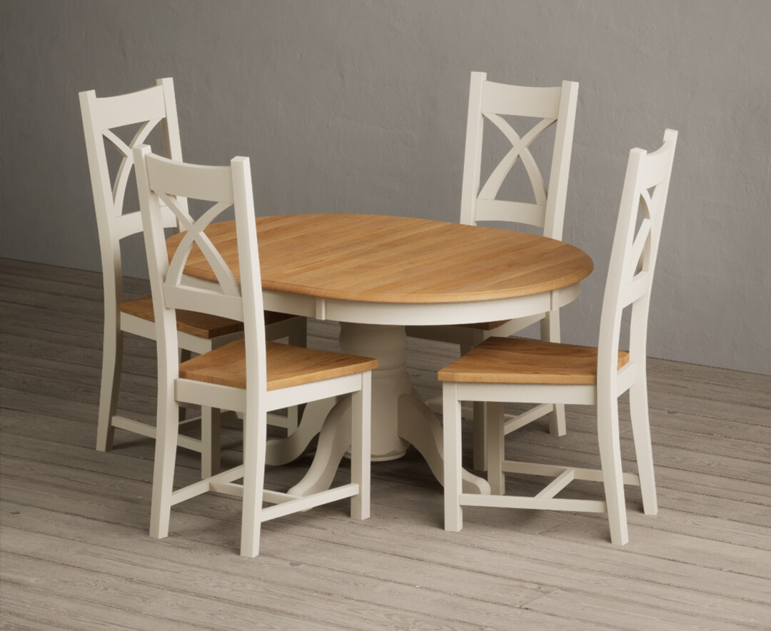 Extending Hertford 100cm – 130cm Oak and Cream Painted Pedestal Dining Table with 4 Oak Painted Chairs