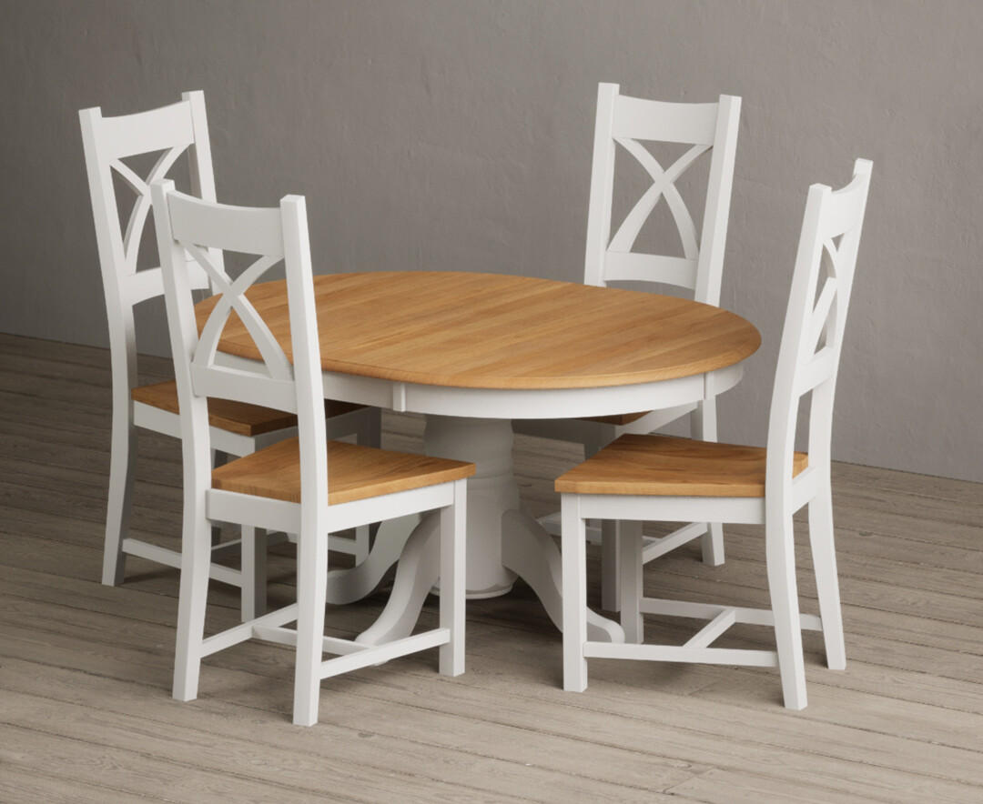 Extending Hertford 100cm - 130cm Oak and Signal White Painted Pedestal Dining Table with 4 Oak Painted Chairs