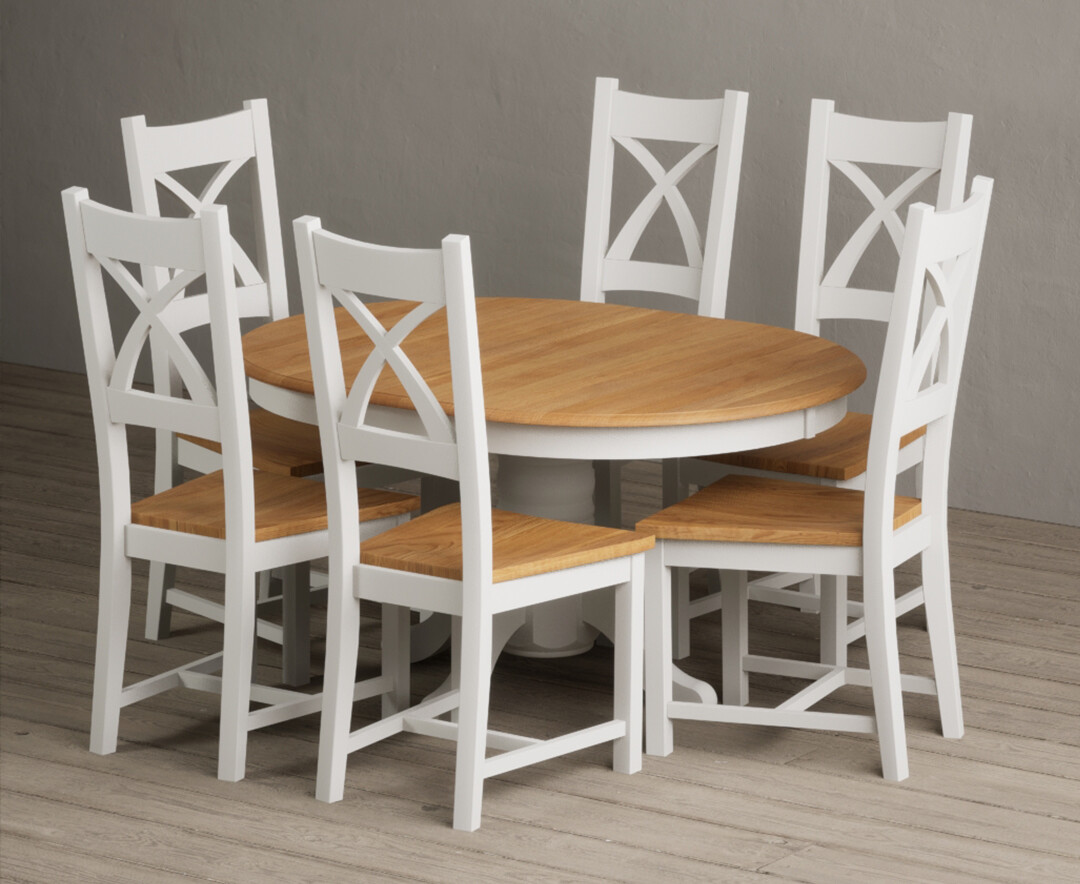 Extending Hertford 100cm – 130cm Oak and Signal White Painted Pedestal Dining Table with 4 Blue Painted Chairs