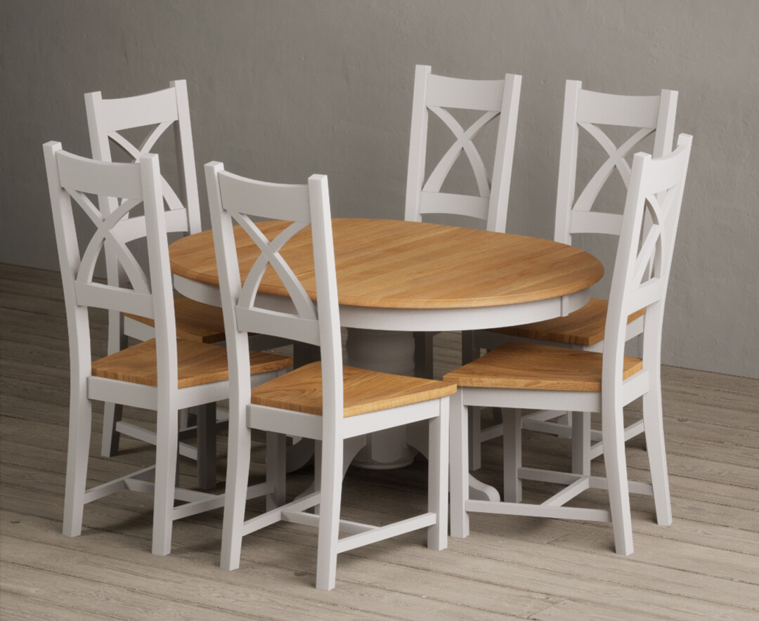Extending Hertford 100cm - 130cm Oak And Soft White Painted Pedestal Dining Table With 4 Grey Painted Chairs