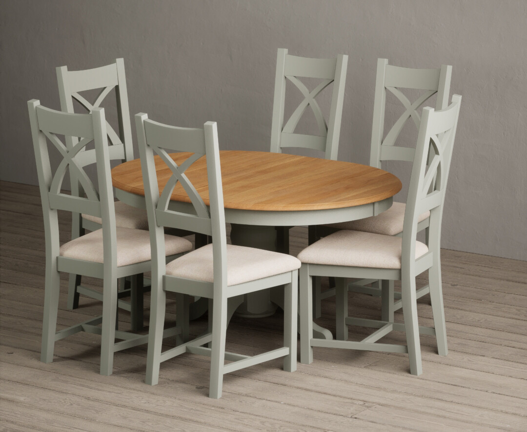 Extending Hertford 100cm - 130cm Oak And Soft Green Painted Pedestal Dining Table With 4 Linen Painted Chairs
