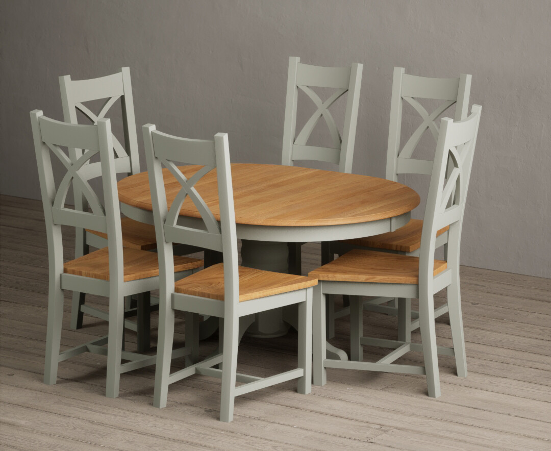 Extending Hertford 100cm – 130cm Oak and Soft Green Painted Pedestal Dining Table with 6 Blue Painted Chairs
