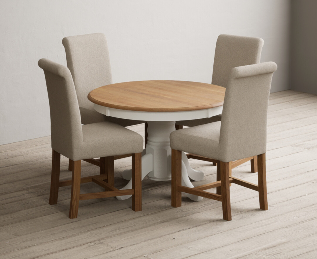 Extending Hertford 100cm - 130cm Oak and Signal White Painted Pedestal Dining Table with 4 Charcoal Grey Braced Chairs