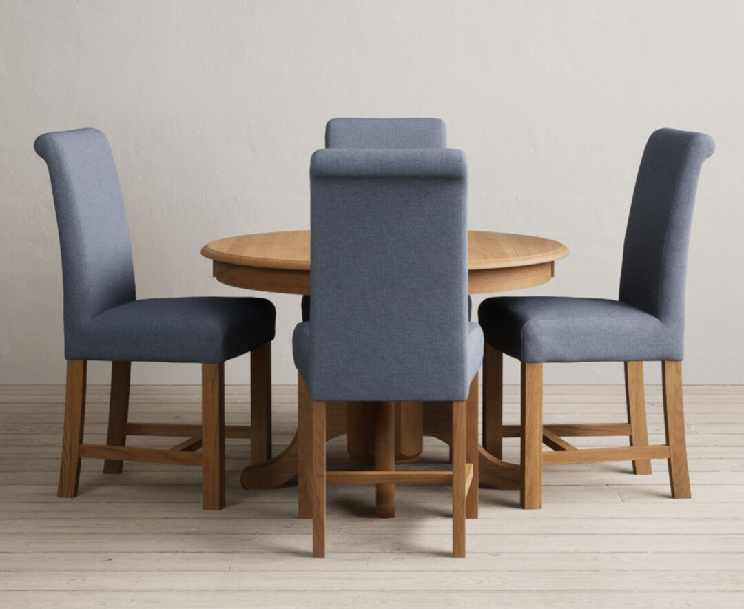 Extending Hertford 100cm - 130cm Solid Oak Pedestal Dining Table with 4 Blue Braced Chairs