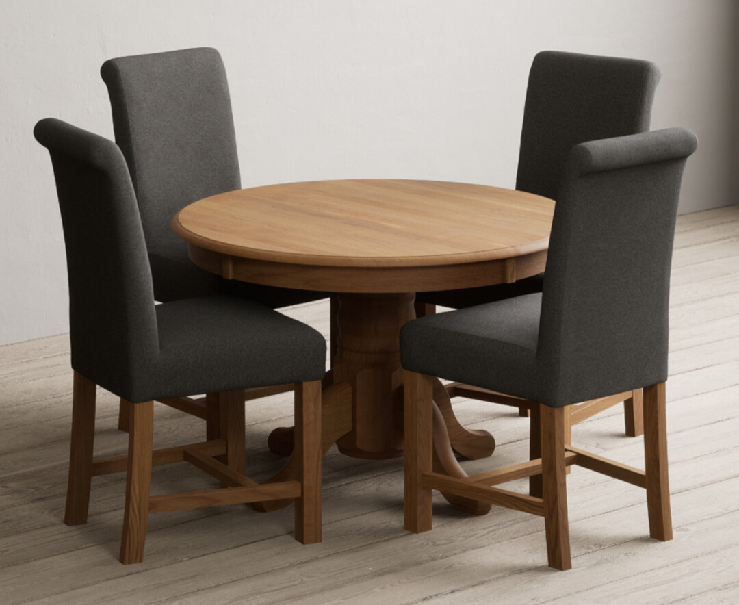 Extending Hertford 100cm - 130cm Solid Oak Pedestal Dining Table With 4 Grey Braced Chairs
