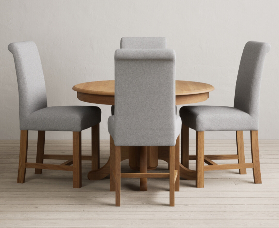 Extending Hertford 100cm - 130cm Solid Oak Pedestal Dining Table with 4 Grey Braced Chairs