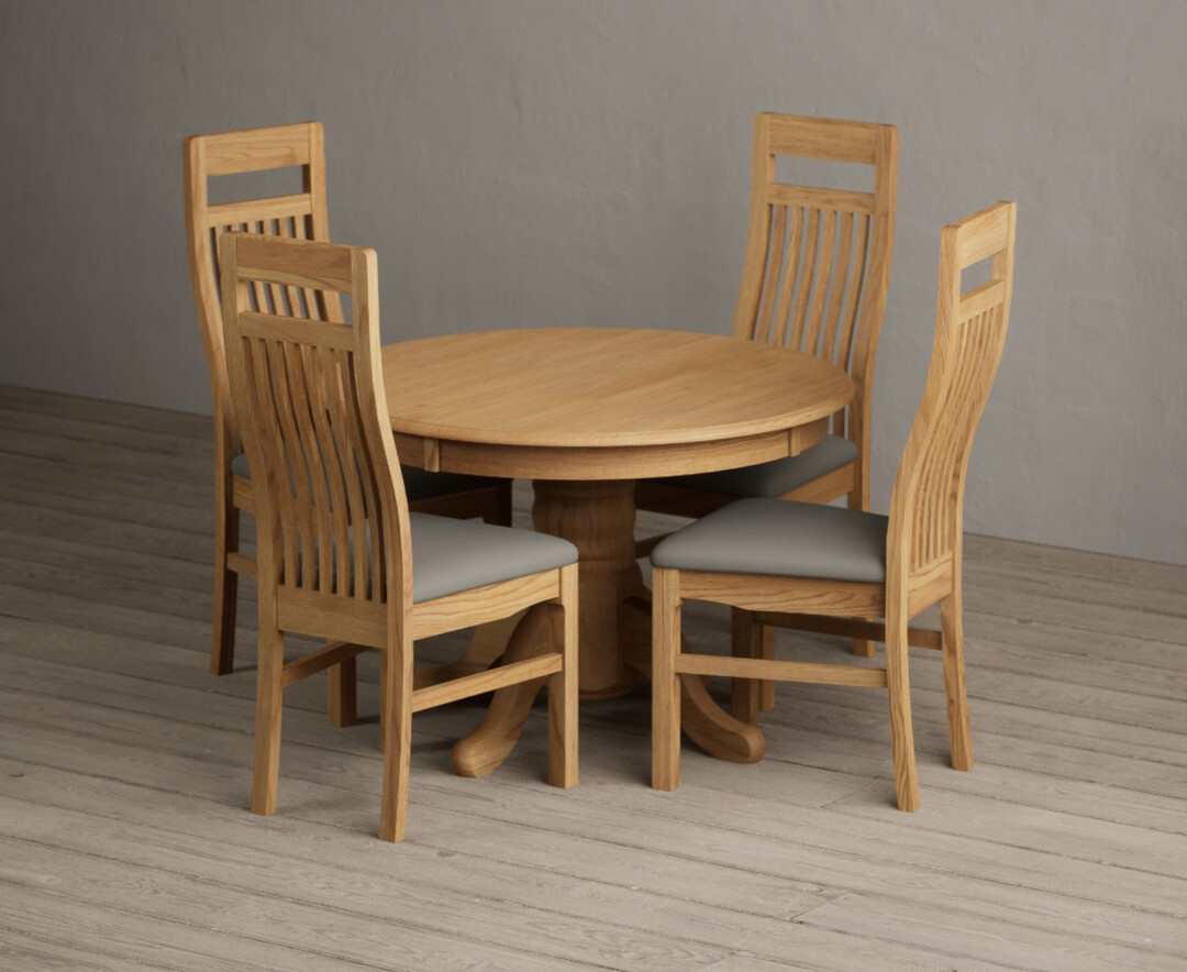 Extending Hertford 100cm – 130cm Solid Oak Pedestal Dining Table with 4 Grey Monroe Chairs