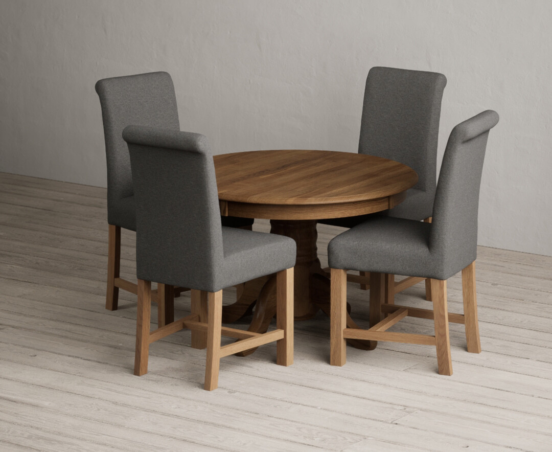 Extending Hertford 100cm - 130cm Rustic Oak Pedestal Dining Table With 6 Grey Braced Chairs