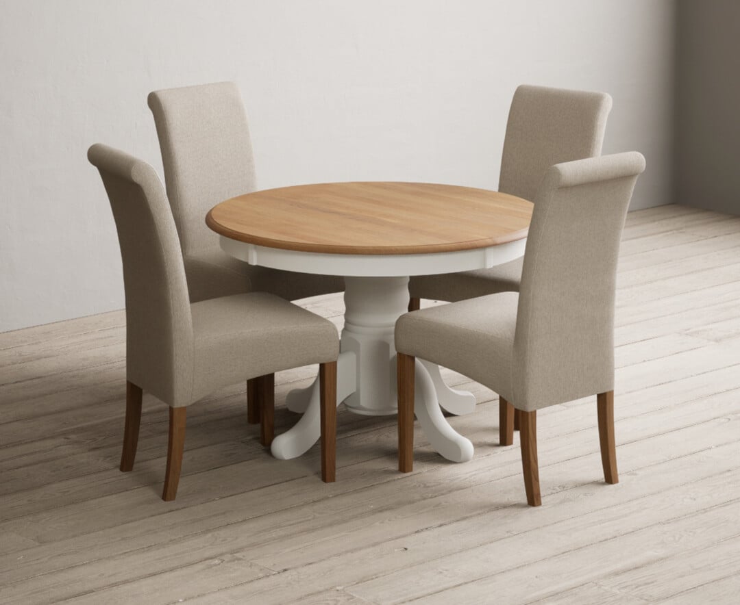 Extending Hertford 100cm - 130cm Oak and Signal White Painted Pedestal Dining Table with 4 Natural Scroll Back Chairs