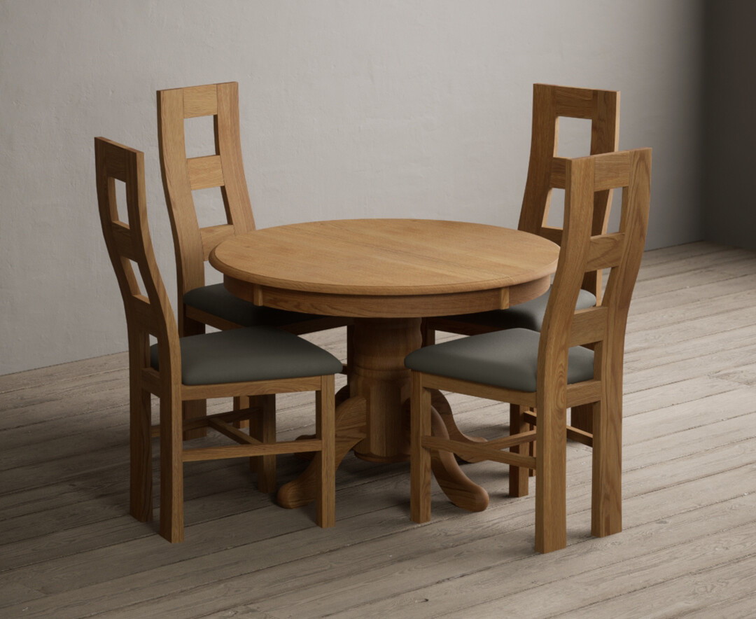 Extending Hertford 100cm – 130cm Solid Oak Pedestal Dining Table with 6 Grey Natural Solid Oak Chairs