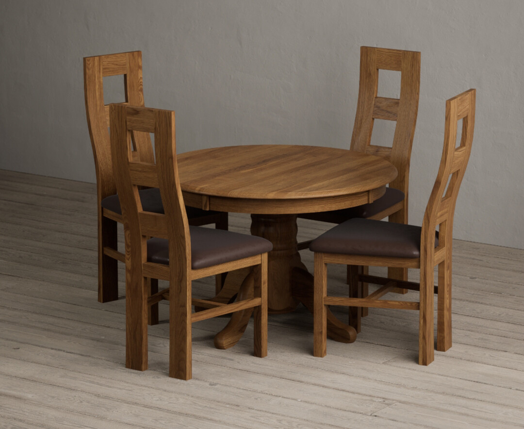 Extending Hertford 100cm – 130cm Rustic Oak Pedestal Dining Table with 4 Blue Rustic Solid Oak Chairs