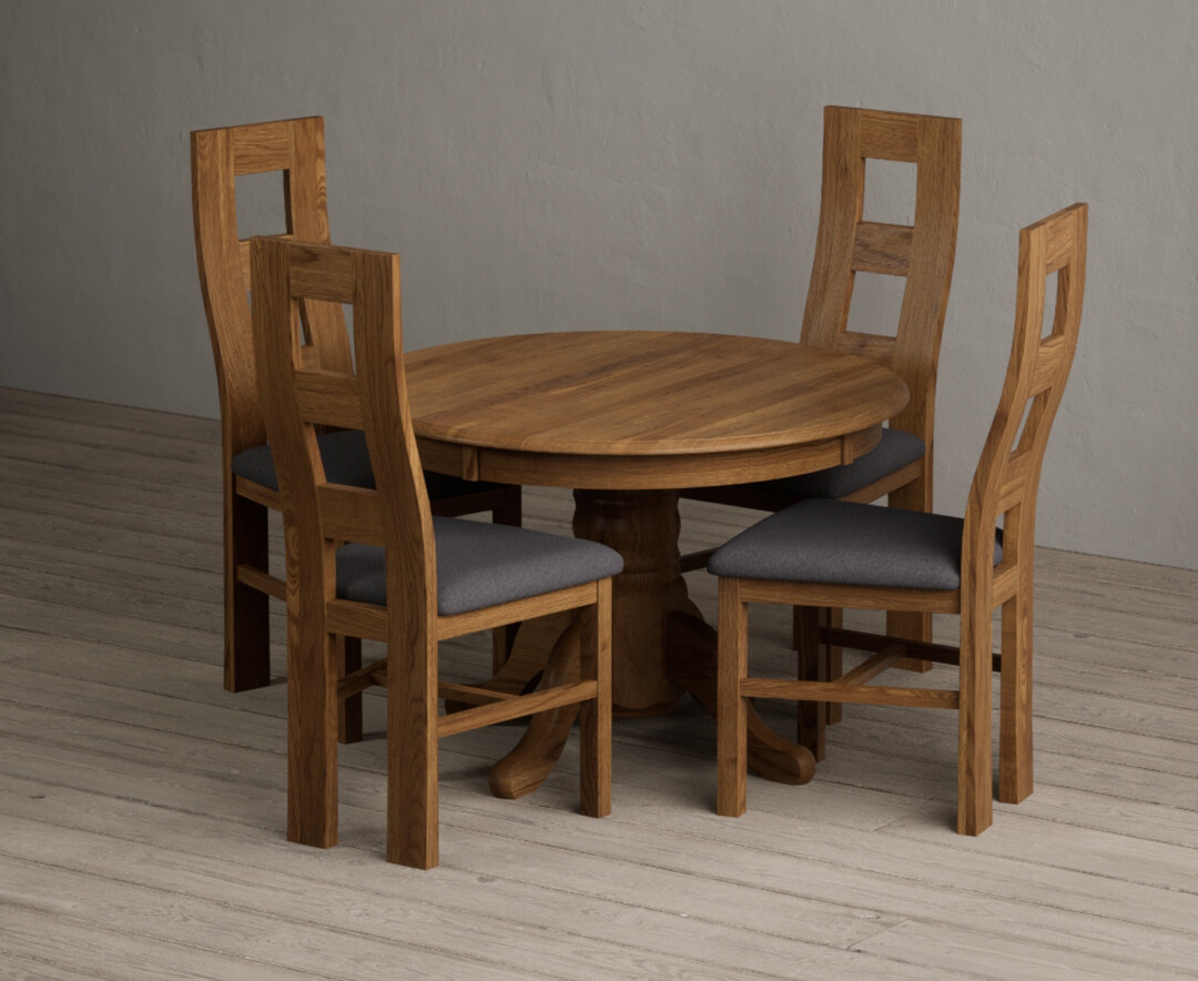 Extending Hertford 100cm - 130cm Rustic Oak Pedestal Dining Table with 4 Charcoal Grey Rustic Solid Oak Chairs