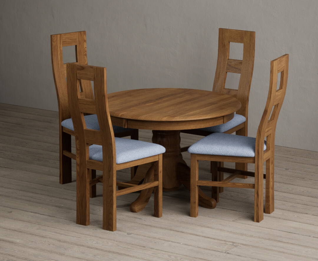 Extending Hertford 100cm - 130cm Rustic Oak Pedestal Dining Table with 4 Blue Rustic Solid Oak Chairs