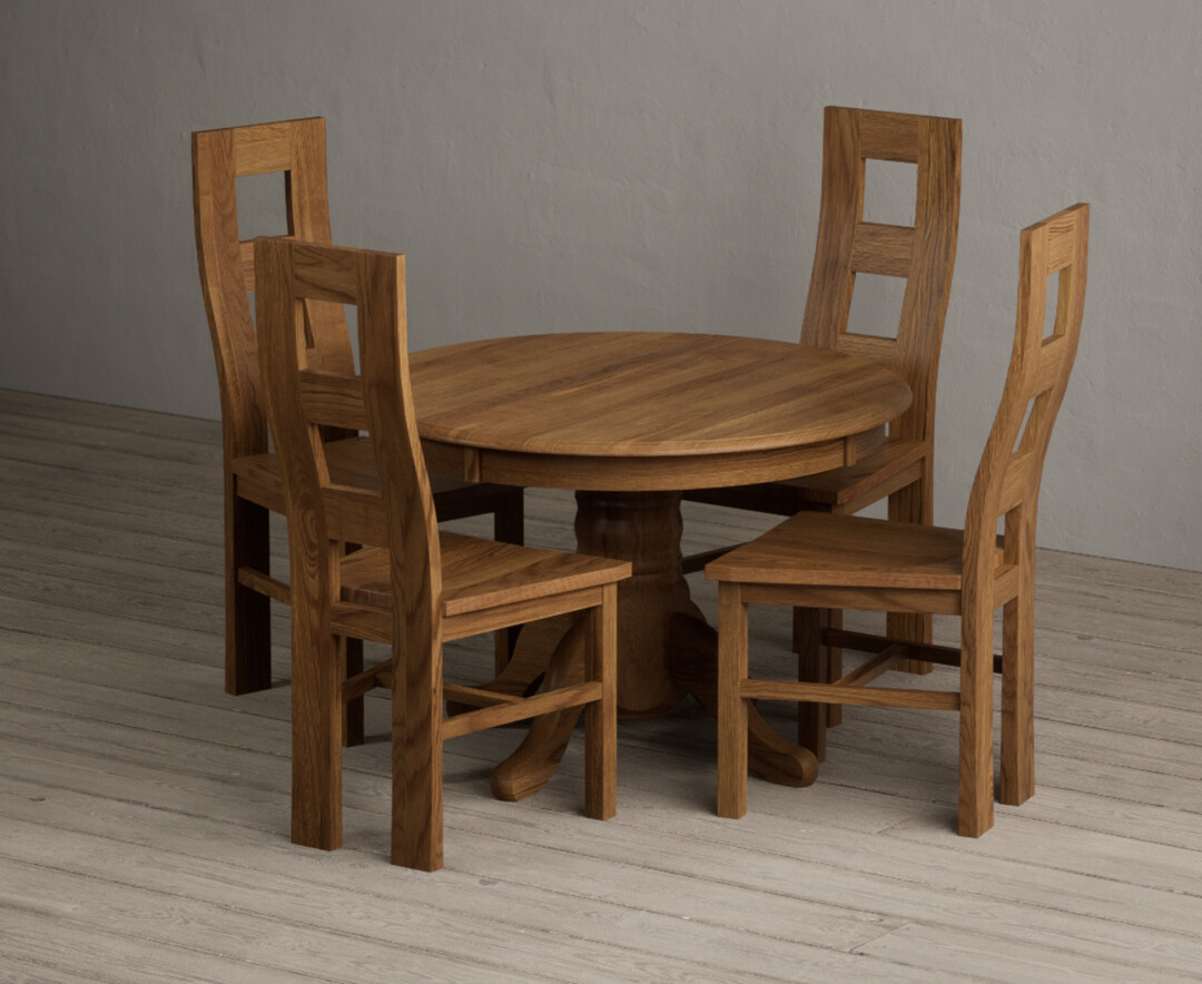 Extending Hertford 100cm - 130cm Rustic Oak Pedestal Dining Table with 4 Rustic Oak Rustic Solid Oak Chairs