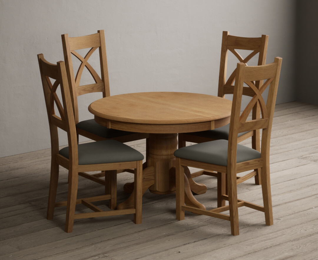 Extending Hertford 100cm – 130cm Solid Oak Pedestal Dining Table with 4 Grey Natural Solid Oak Chairs