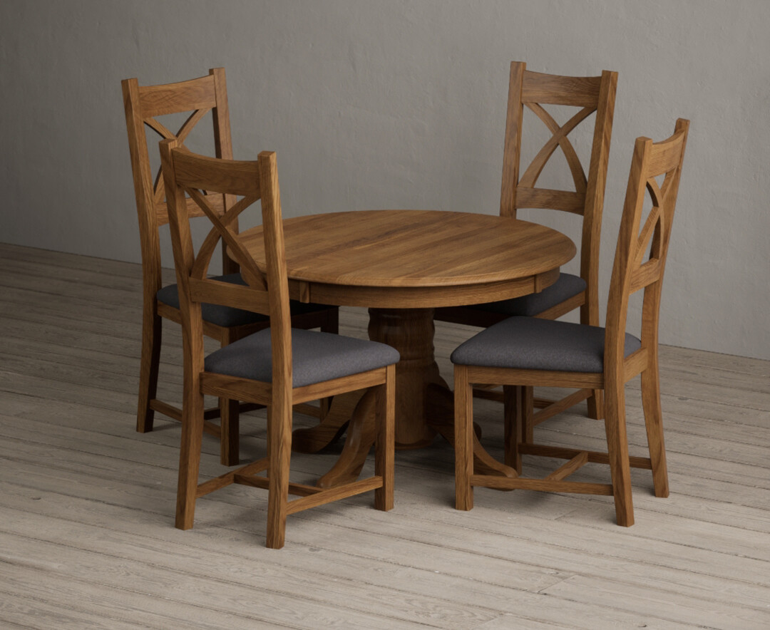 Extending Hertford 100cm - 130cm Rustic Oak Pedestal Dining Table with 4 Charcoal Grey Rustic Solid Oak Chairs