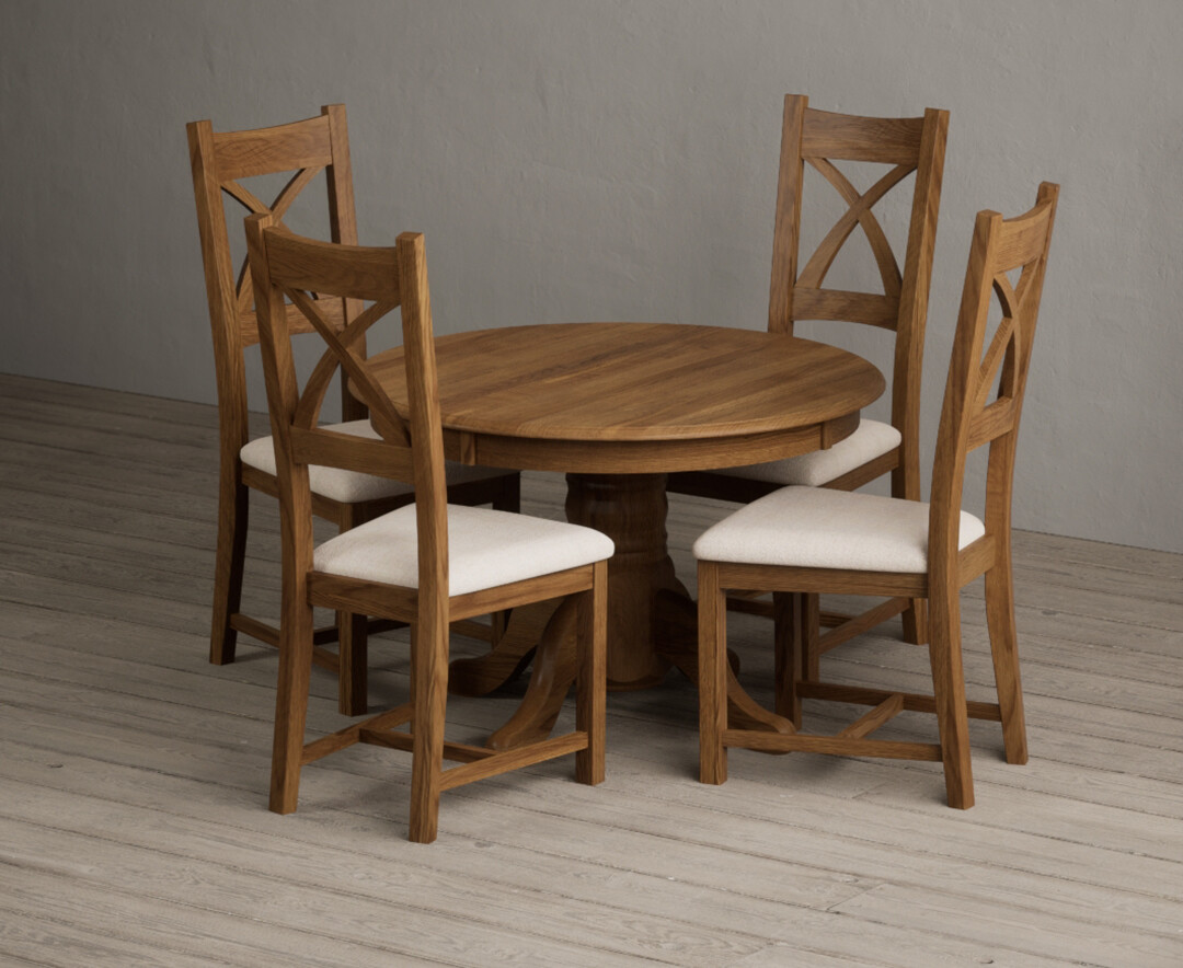 Extending Hertford 100cm - 130cm Rustic Oak Pedestal Dining Table With 6 Linen Rustic Solid Oak Chairs
