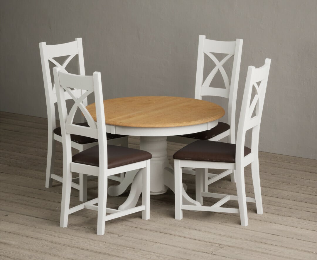 Extending Hertford 100cm - 130cm Oak and Signal White Painted Pedestal Dining Table with 6 Light Grey Painted Chairs