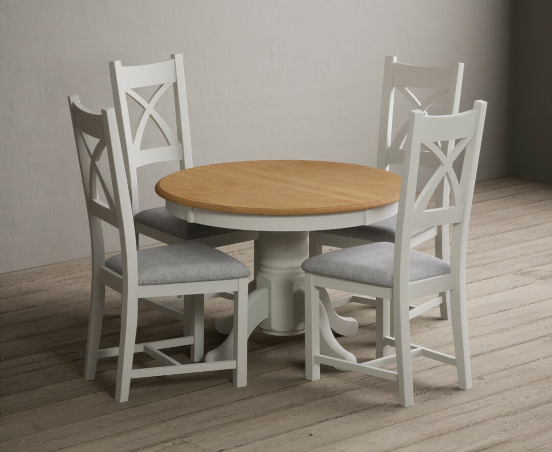 Extending Hertford 100cm - 130cm Oak and Signal White Painted Pedestal Dining Table with 6 Light Grey Painted Chairs