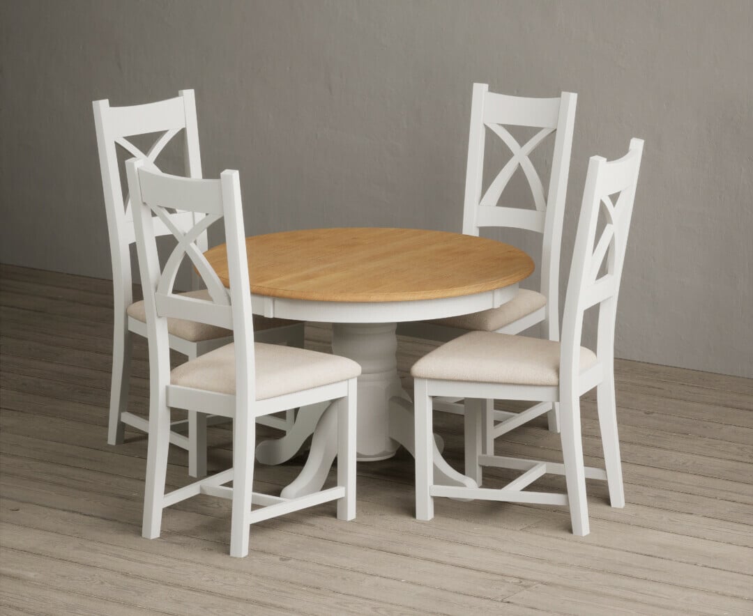 Extending Hertford 100cm - 130cm Oak and Signal White Painted Pedestal Dining Table with 6 Light Grey Painted Chairs