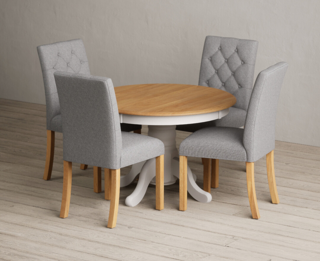 Extending Hertford 100cm - 130cm Oak and Soft White Painted Pedestal Dining Table with 4 Natural Isabella Chairs