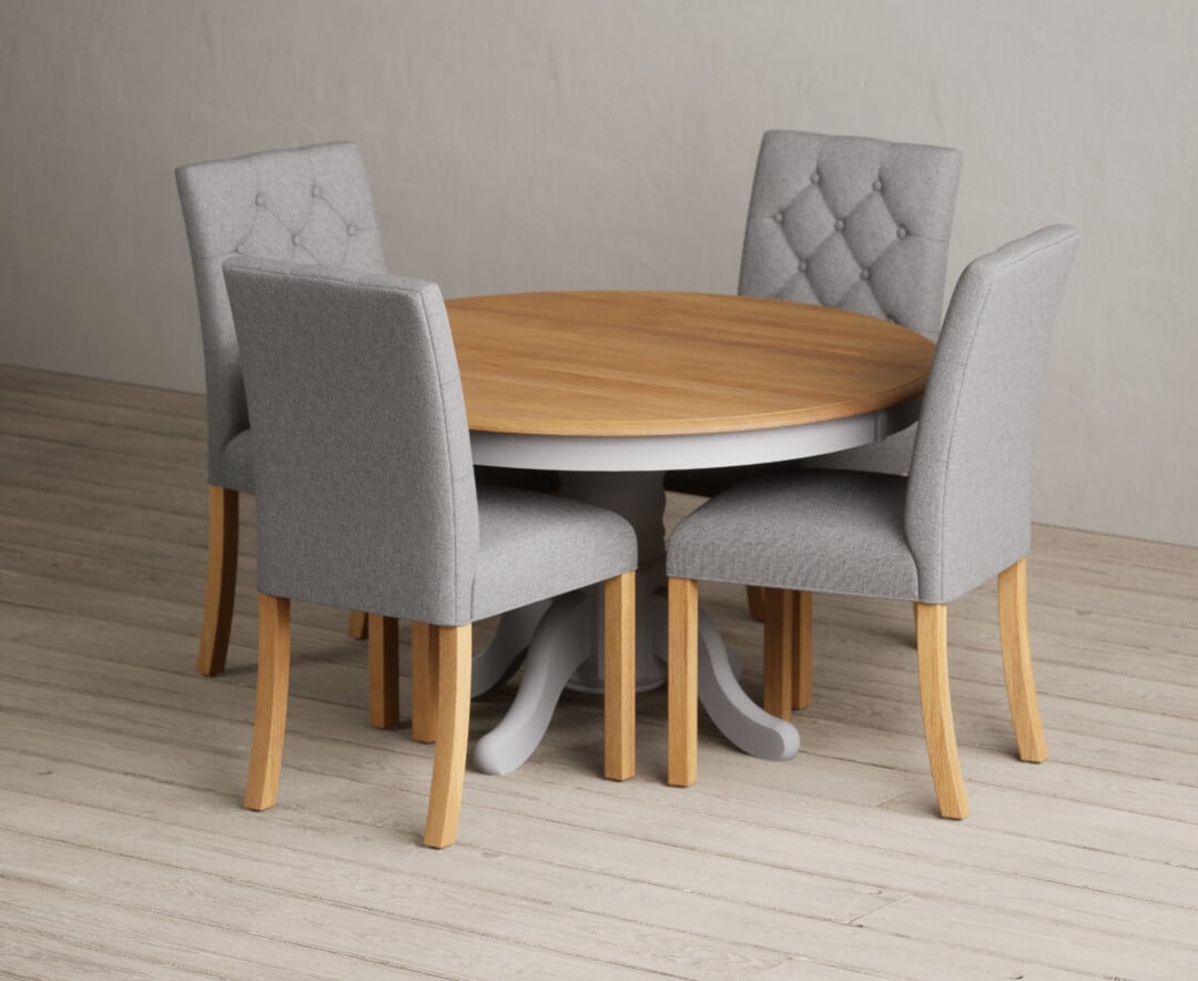 Hertford 120cm Fixed Top Oak And Light Grey Painted Dining Table With 4 Natural Isabella Chairs