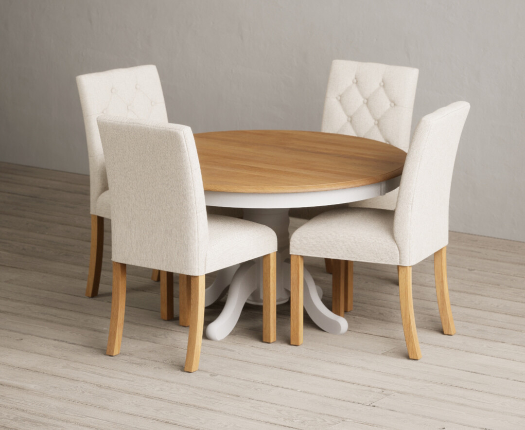 Hertford 120cm Fixed Top Oak And Soft White Painted Dining Table With 6 Natural Isabella Chairs